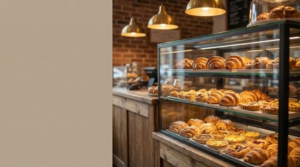 Delicious pastries and croissants displayed in a bakery case.