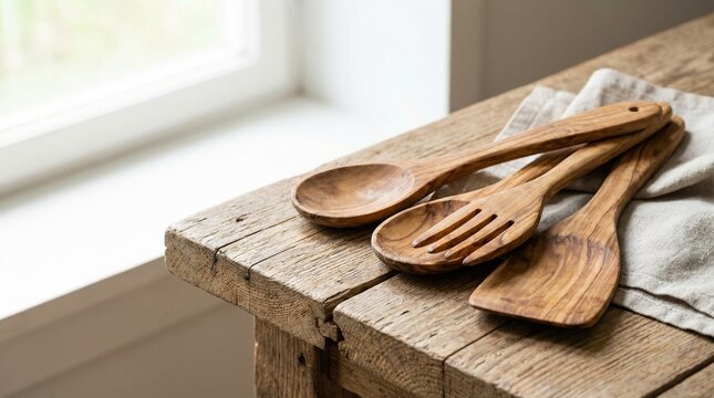 Wooden utensils on rustic table, warm and cozy kitchen. - Powered by Adobe