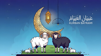 Naklejka premium Eid al adha celebration with sheep and lantern