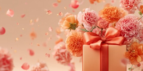 Springtime gift box with delicate blossoms and floating petals, perfect for gratitude messages and mom appreciation