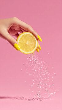 A hand with yellow nails squeezes a lemon slice, releasing droplets of water against a pink background. Perfect for food and beverage themes.