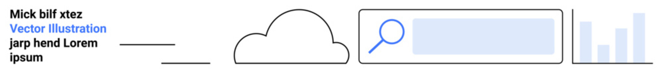 Cloud computing, data analysis, online search, digital technology, information management, network services. Cloud icon, search bar graphs and text placeholders. Cloud computing and data analysis