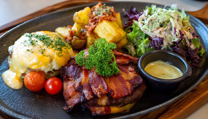 Top view of a combo dish including burger bacons with sauce and a salad of potato