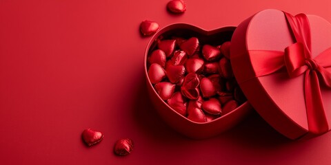 Red heart-shaped gift box with ribbon, filled with glossy hearts, perfect for Valentine's Day cards and promos.