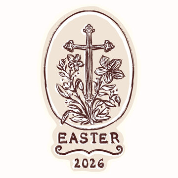 Hand drawn easter oval with christian cross motif illustration. Flat isolated vector for religious Easter 2026 design. Black and white flower crucific decor art egg shape frame
