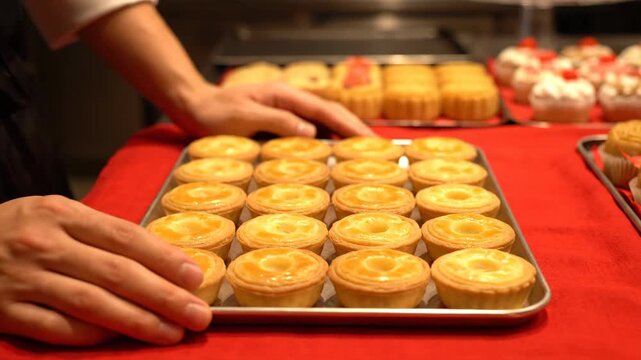 Chef's hands arrange golden pineapple tarts for Chinese New Year, abundance of festive treats in kitchen background