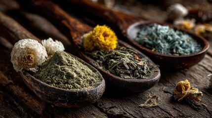 Three wooden spoons hold assorted dried herbs and fragrant blossoms, arranged on a rustic textured wooden surface, evoking traditional herbalism and natural remedies.