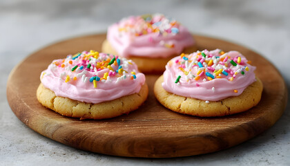 Three small cookies with pink frosting and sprinkles on top