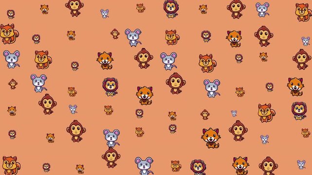 Pattern featuring cute cartoon animals like tiger, lion, monkey, and mouse. Perfect for kids stationery, fabrics, and packaging designs.