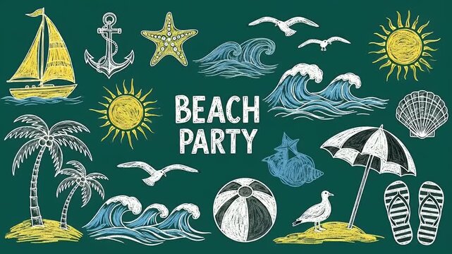 Fun Beach Party Elements Sailboat Palm Tree Sun Waves and Beach Ball