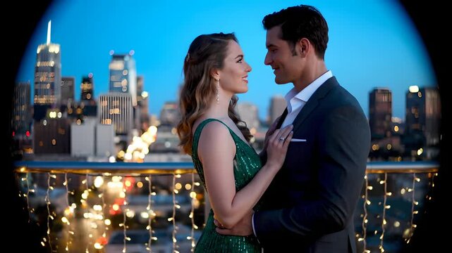 Couple embracing on a city rooftop at dusk, sparkling string lights and urban skyline behind them. Perfect for romance, luxury lifestyle, elegant events, date night, engagement,