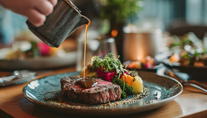 A person is pouring sauce on a plate of food. The plate has meat and vegetables on it