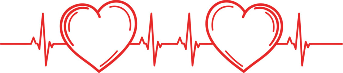 Red line art illustration of two hearts connected by a continuous medical heartbeat pulse line representing shared love and cardiovascular health concepts.
