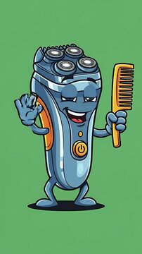 Funny Electric Shaver Character Holding Comb Waving Hello
