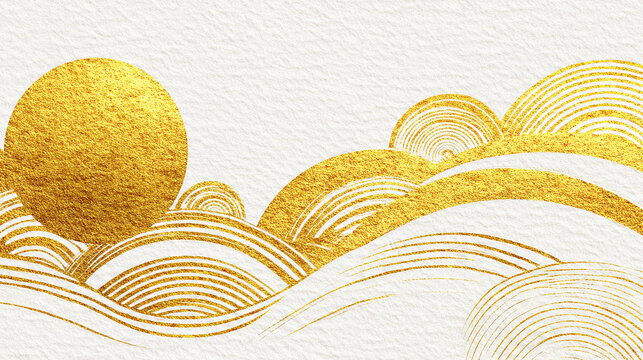 和紙のようなテクスチャに描かれた太陽と波のイラスト
