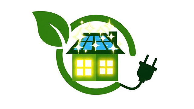 Green Energy House With Solar Panels And Leaf Logo