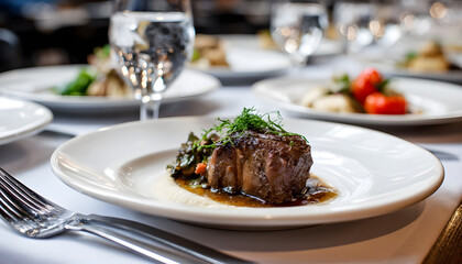 A plate of food with a piece of meat sticking out of it. The plate is on a table with other plates and utensils