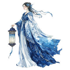 Naklejka premium Elegant woman in blue starry dress holding vintage lantern 