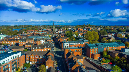 Obraz premium Aerial view of Lichfield city center with historic cathedral spire