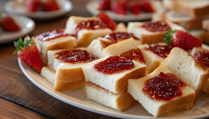 A plate of sandwiches with a strawberry jam on top. The sandwiches are cut into small pieces and arranged on a wooden table