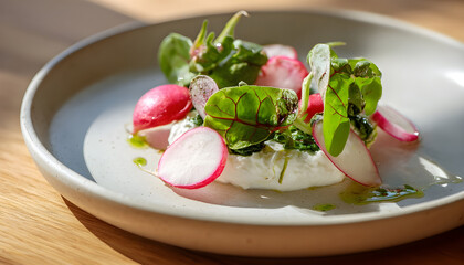 A plate of food with a white base and a garnish of green leaves and radishes. The dish looks appetizing and fresh
