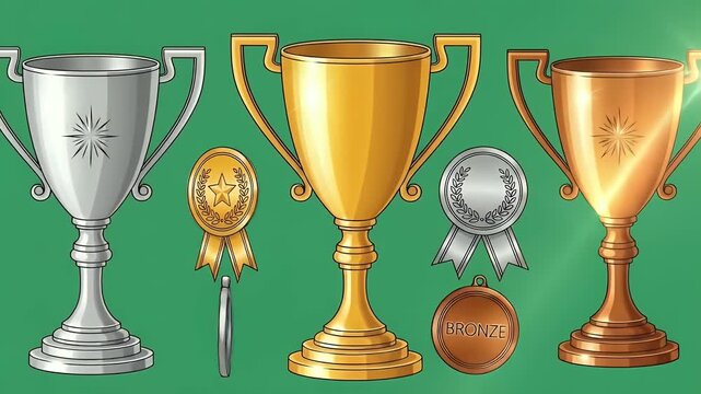Gold Silver Bronze Trophies and Medals on Green Background