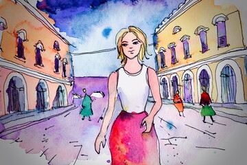 カラフルな建物を散策する観光客女性