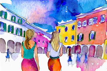 カラフルな建物を散策する観光客女性