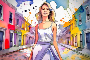 カラフルな建物を散策する観光客女性