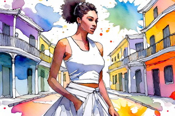 カラフルな建物を散策する観光客女性