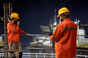 Offshore platform engineering team coworkers analyze global resource map on laptop to identify drilling sites. Teamworking colleagues study world map dashboard to locate fossil fuel deposits