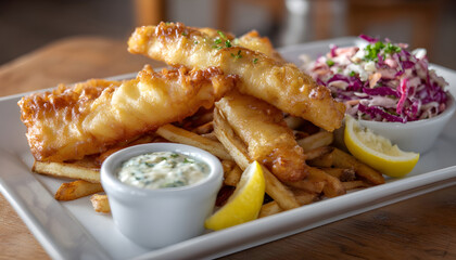 Rotating Plate of Fish and Chips with Cole Slaw and Tartar Sauce