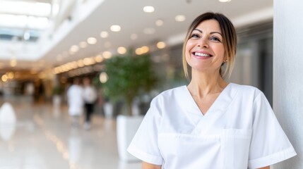 Smiling middle aged woman in white medical uniform stands in bright hospital corridor