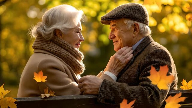 Elderly couple shares a loving moment in an autumn park, holding hands and gazing at each other. Falling maple leaves create a romantic, heartwarming scene of lasting love, companionship,