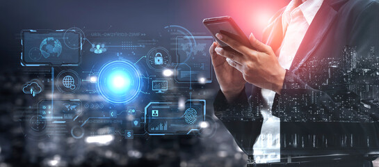 A futuristic command center interface for managing a global technology platform. The dashboard includes data security, network administration, and biometric user authentication. Fermion