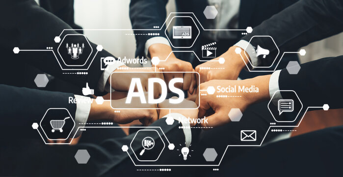 A powerful illustration of teamwork in a business environment, emphasizing digital advertising concepts, focusing on social media strategies, and collaborative efforts for success. Amity - Powered by Adobe