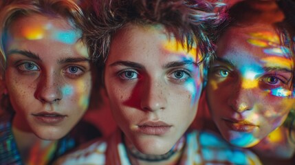 Obraz premium High-fashion group portrait, three models, dramatic backlight, abstract reflections, surreal editorial mood, ultra-detailed textures