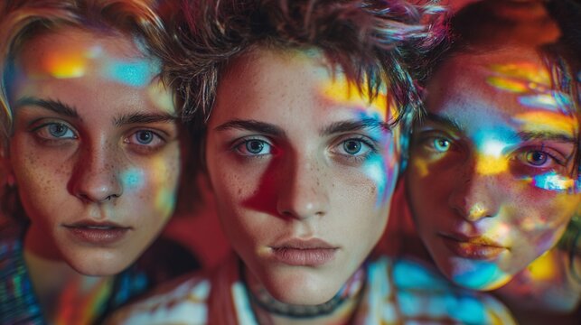 High-fashion group portrait, three models, dramatic backlight, abstract reflections, surreal editorial mood, ultra-detailed textures