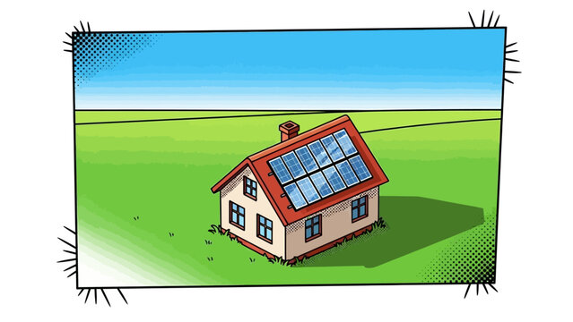 Retro comic style house with solar panels in a vibrant landscape