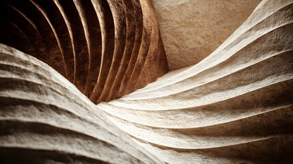 Abstract 3D Curved Stone Texture Background with Elegant Ribbed Sandstone Patterns and Organic Architectural Earthy Brown Shapes