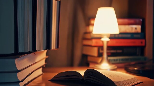 Books, lamp, and open book on a wooden table in a dimly lit room