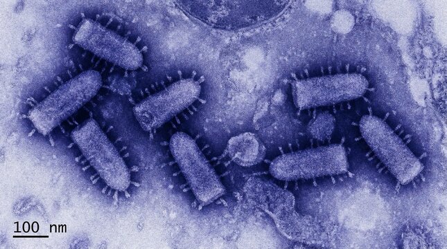 Electron micrograph of rabies virus particles showing bullet shaped structure