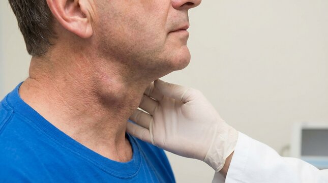 Medical Professional Examining Swollen Lymph Node On Patient Neck