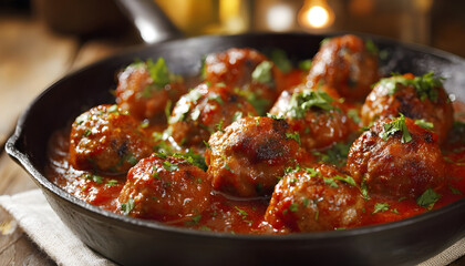Fried meatballs with sauce on pan
