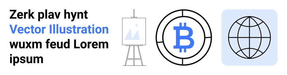 Obraz premium Cryptocurrency, blockchain, digital economy, creative tools, global connectivity, decentralized systems. Features a Bitcoin symbol, easel with an image and a globe icon. Cryptocurrency
