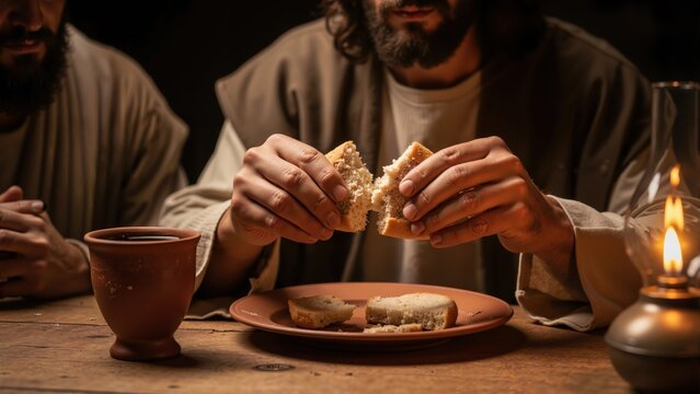 Jesus Christ breaking bread at the Last Supper. Biblical scene of the Eucharist with wine cup and oil lamp on a rustic wooden table. Christian religious concept