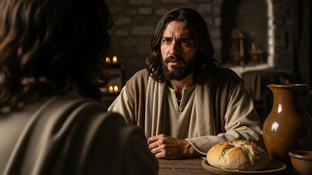 Biblical scene of Apostle Peter listening to Jesus at a wooden table. Dramatic over the shoulder perspective of a serious religious conversation. Last Supper concept