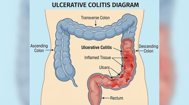 Medical diagram showing ulcerative colitis in the human colon