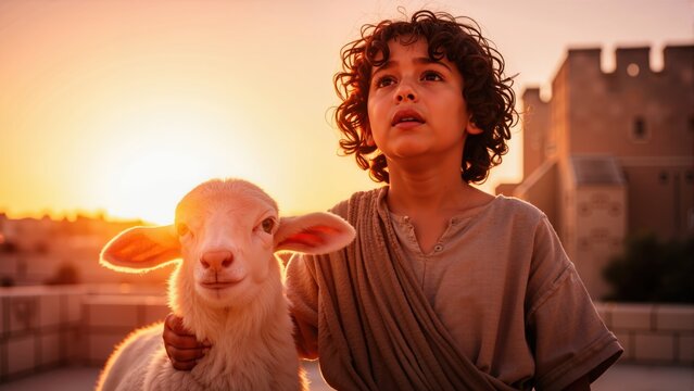 A young biblical boy holding a sacrificial lamb at sunset. Child with a reverent expression looking up in faith. Religious scene symbolizing innocence and devotion