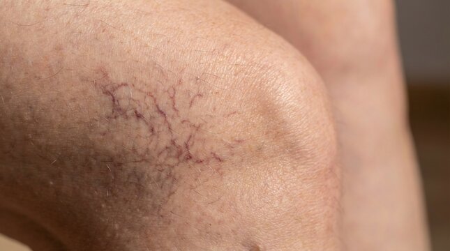 Close up of spider veins on human leg skin